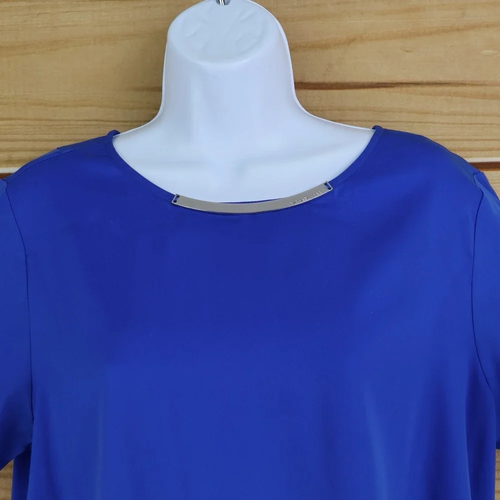 Michael Kors Blouse Shirt Womens 10‎ Blue Pleated Back Short Sleeves Lightweight